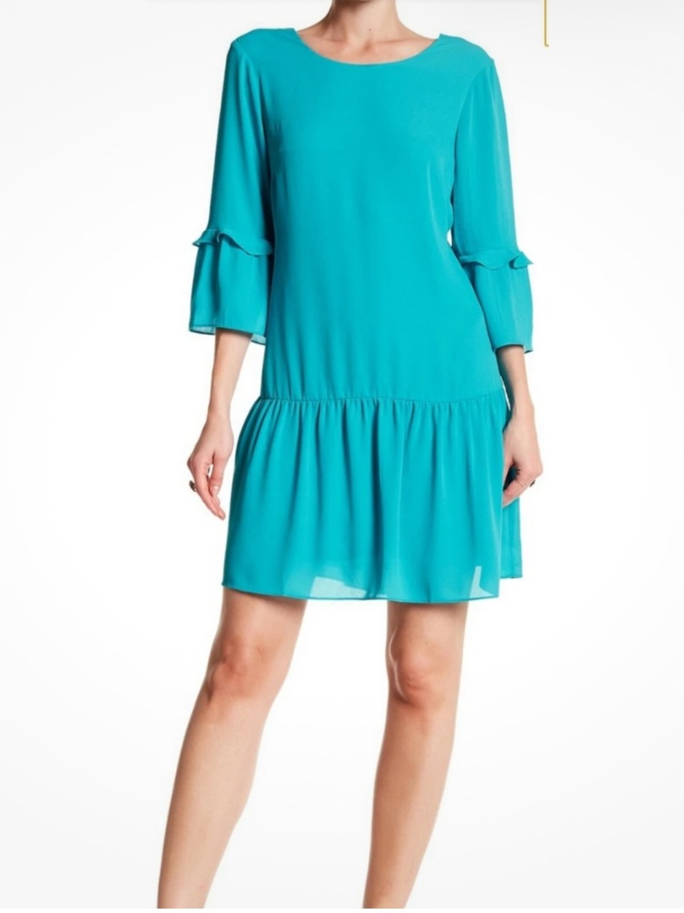 DR2 Teal Drop-Waist Midi Dress with Ruffle Sleeves